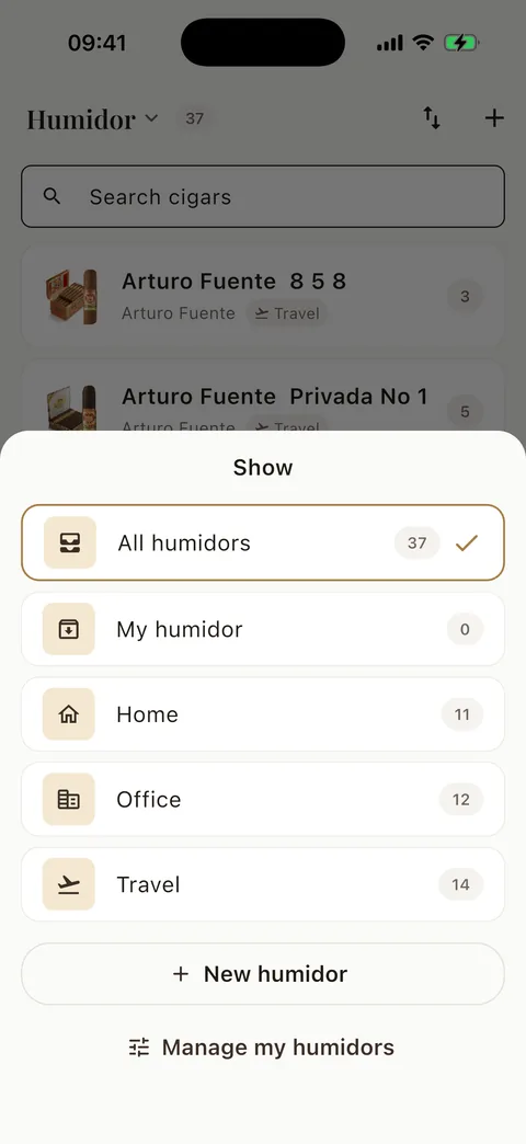 Cigarino screenshot — multiple humidors