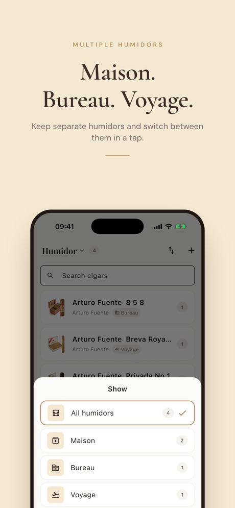 Cigarino screenshot — multiple humidors