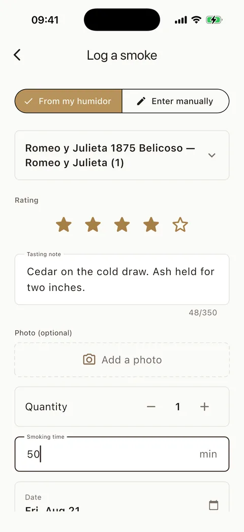 Cigarino screenshot — tasting journal