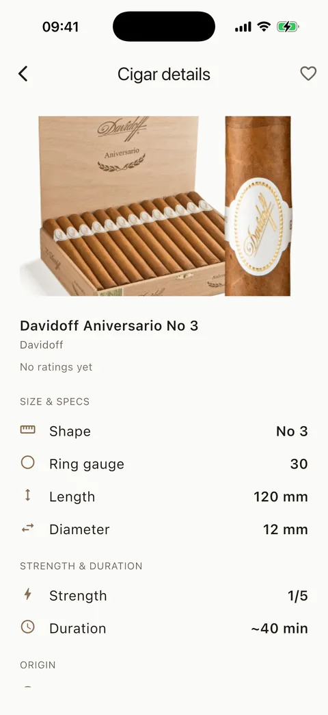 Cigarino screenshot — cigar detail sheet