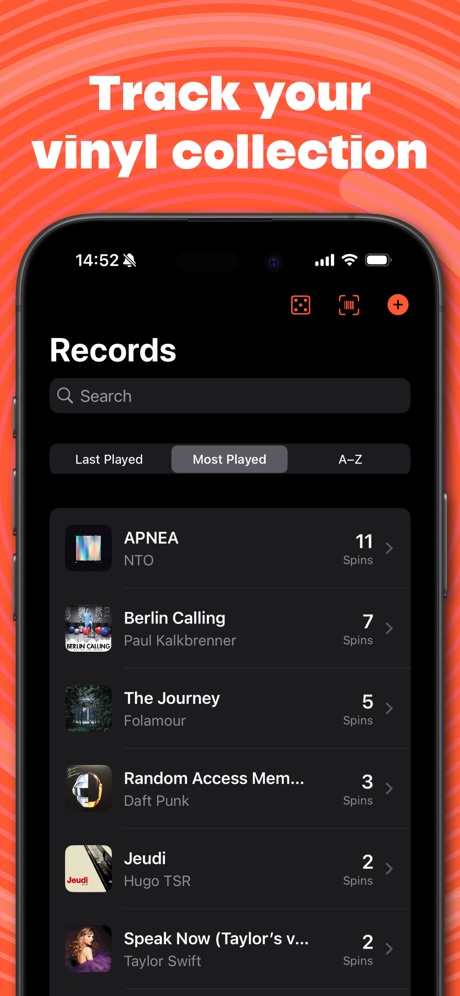 Vinyl Spin screenshot — listening stats